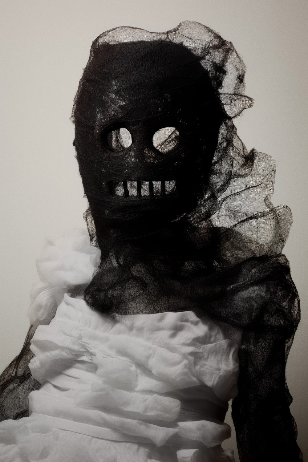 Bernd Preiml, abstract skeleton sculpture made from black tulle fabric